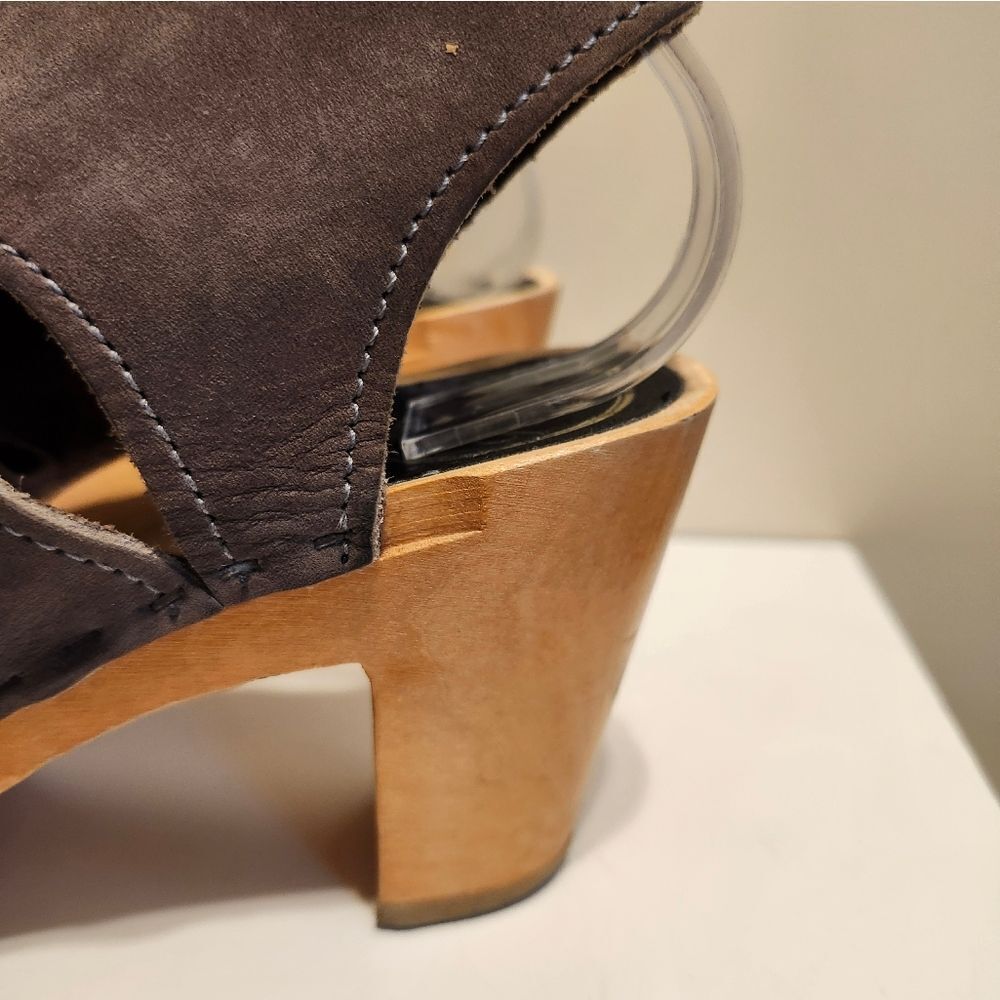 No. 6 Taupe Nubuck Leather Lace Up Corset Open Toe Wood Clogs Sz.6/36  Ret.$260 - Picture 7 of 13